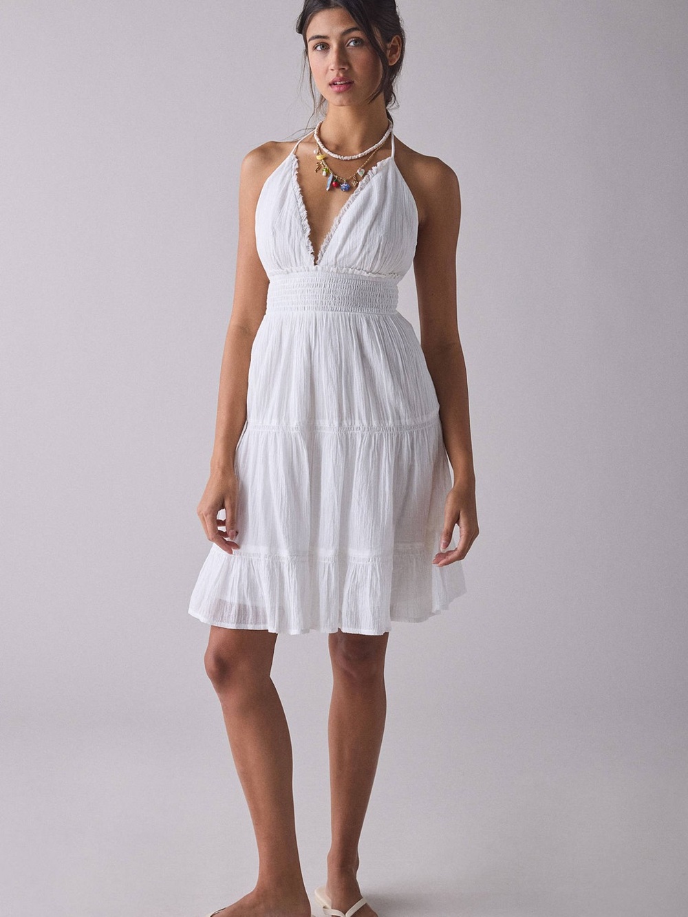 Urban Outfitters White Halter Smocked Tiered Mini Dress